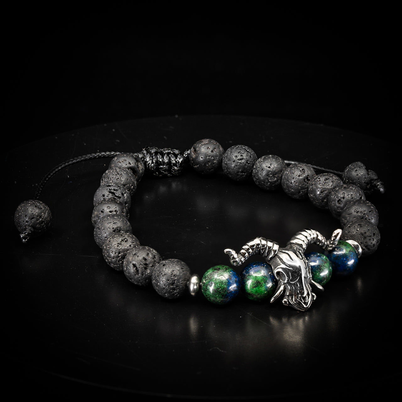 Ram Skull Bracelet with Natural Beads - Black Feather Design