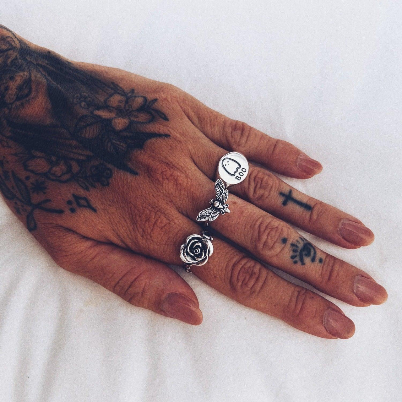 Enchanted Rose, Death's Head, Boo Signet rings by Black Feather Design